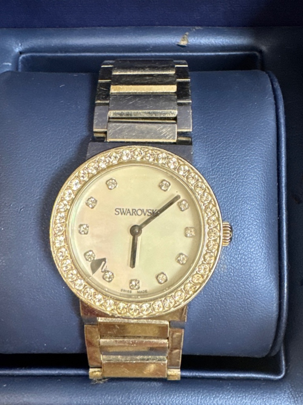 Swarovski Silver Tone Stainless Steel Watch Mother of Pearl Dial Box Links